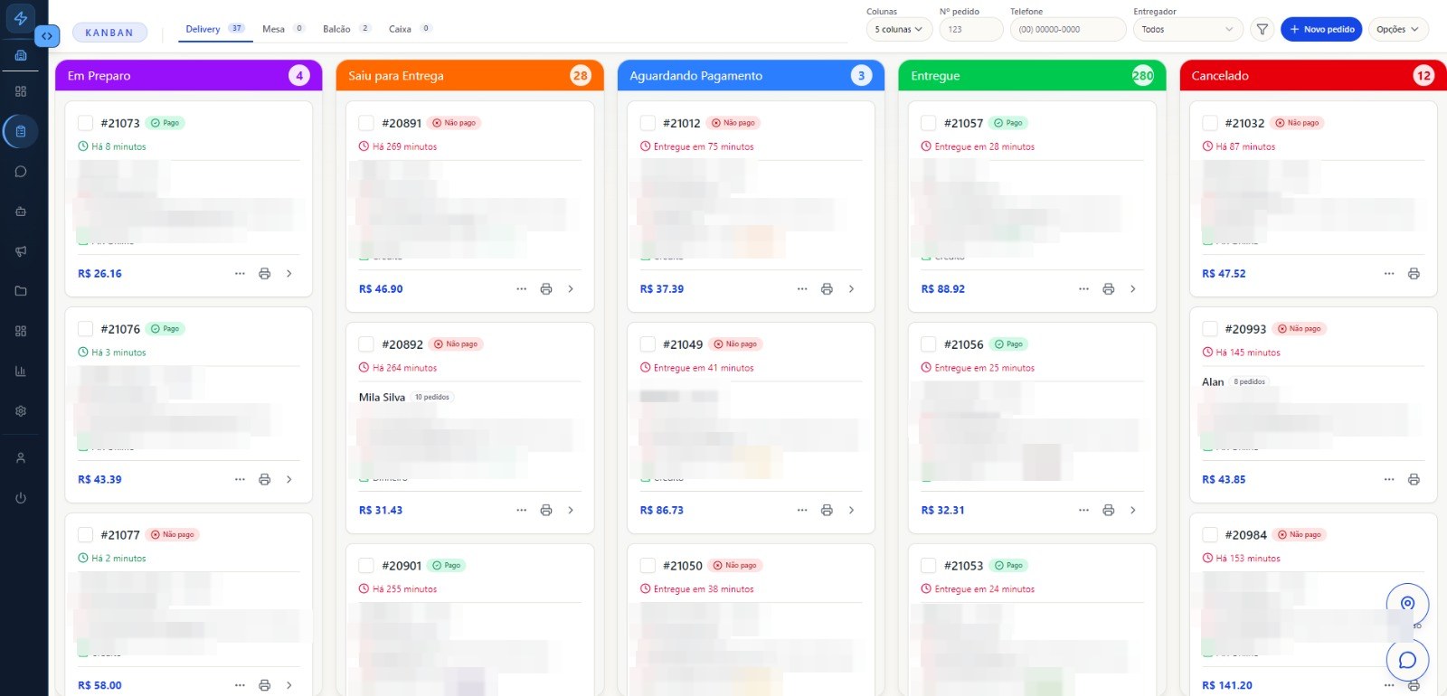 Kanban de pedidos do Mensura E-commerce com colunas de status