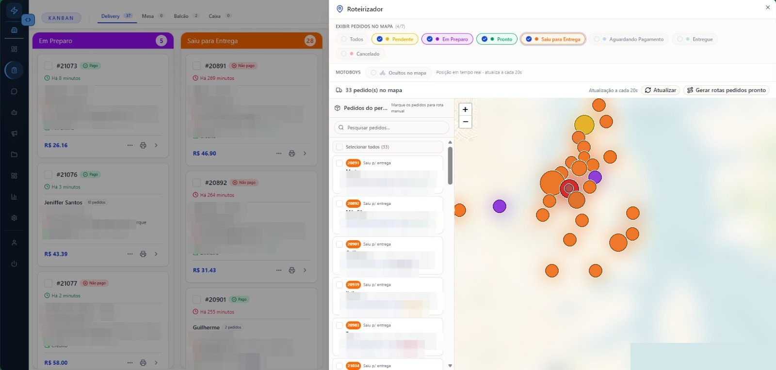 Roteirizador com mapa de pedidos, sem nomes de ruas nem identificação