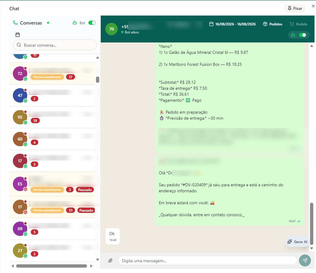 Inbox de WhatsApp com bot, pedidos e badge de atendimento